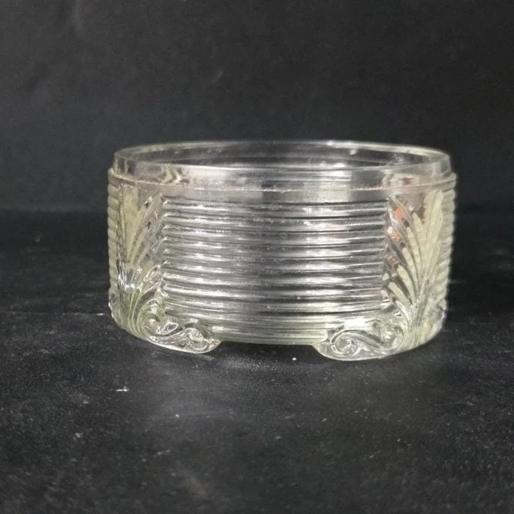 Art Deco Ribbed Glass‎ Powder Dish, Palm Frond Design, Vintage Vanity Decor